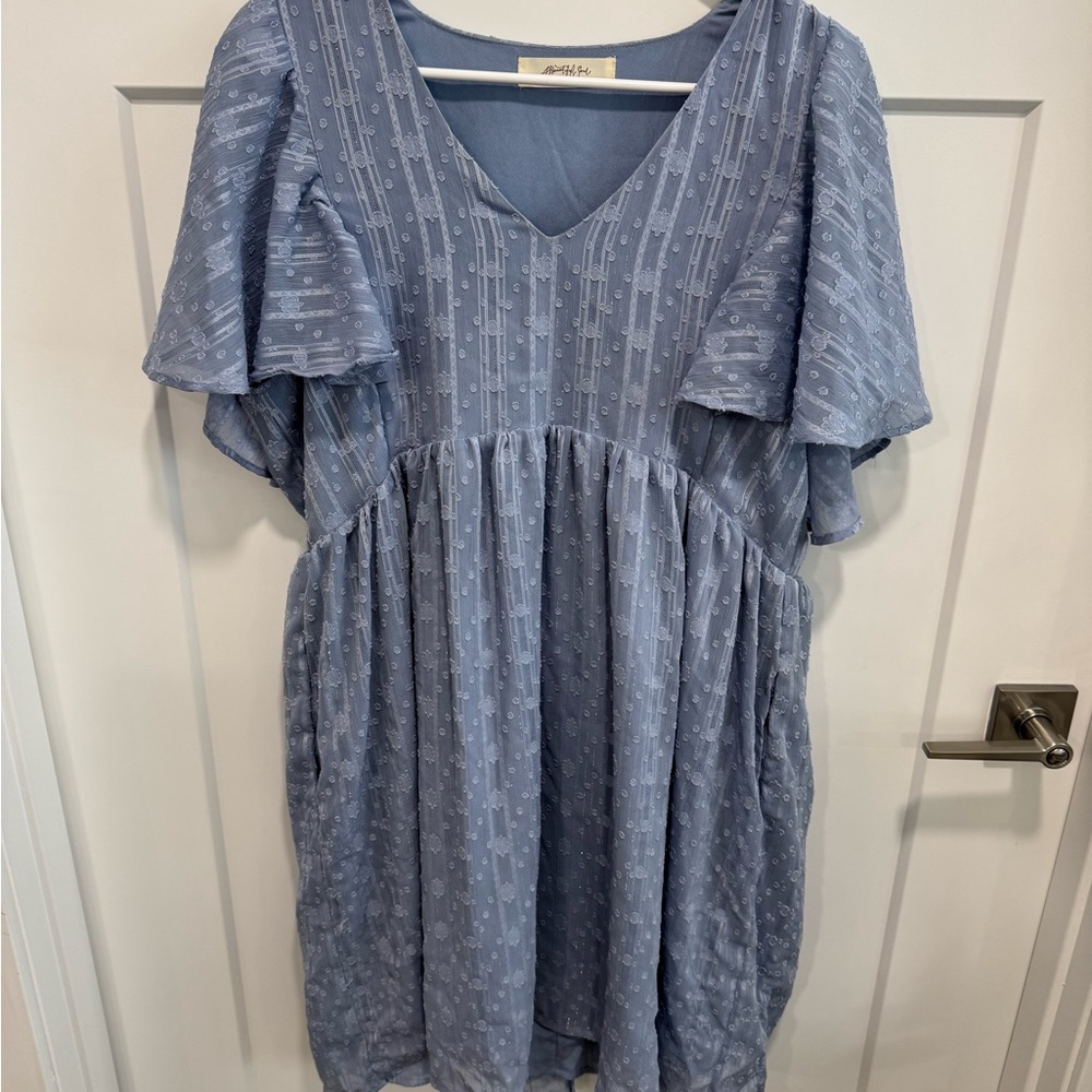 Blue V-Neck Dress with Flutter Sleeves